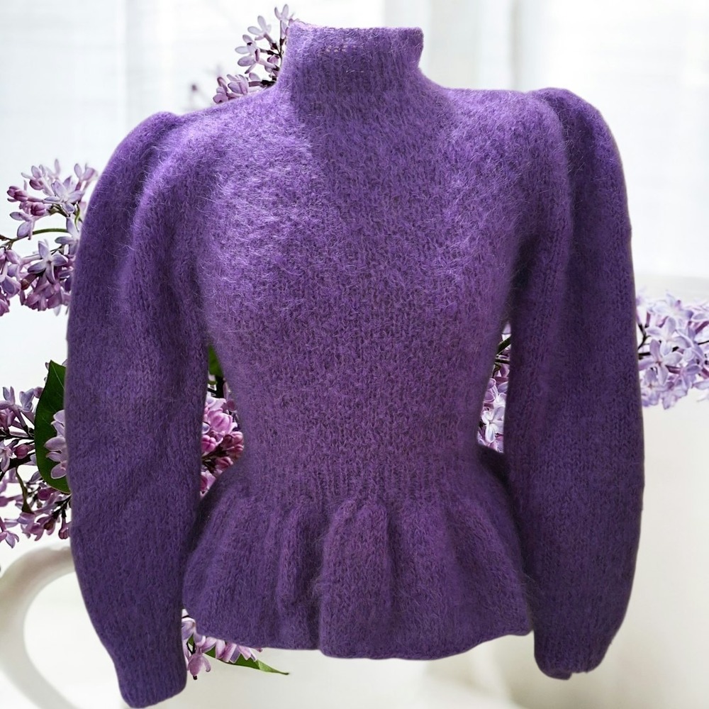 Vintage Hand Knit By Roberta Field Purple Mohair Sweater Mock Neck Puff Sleeve S